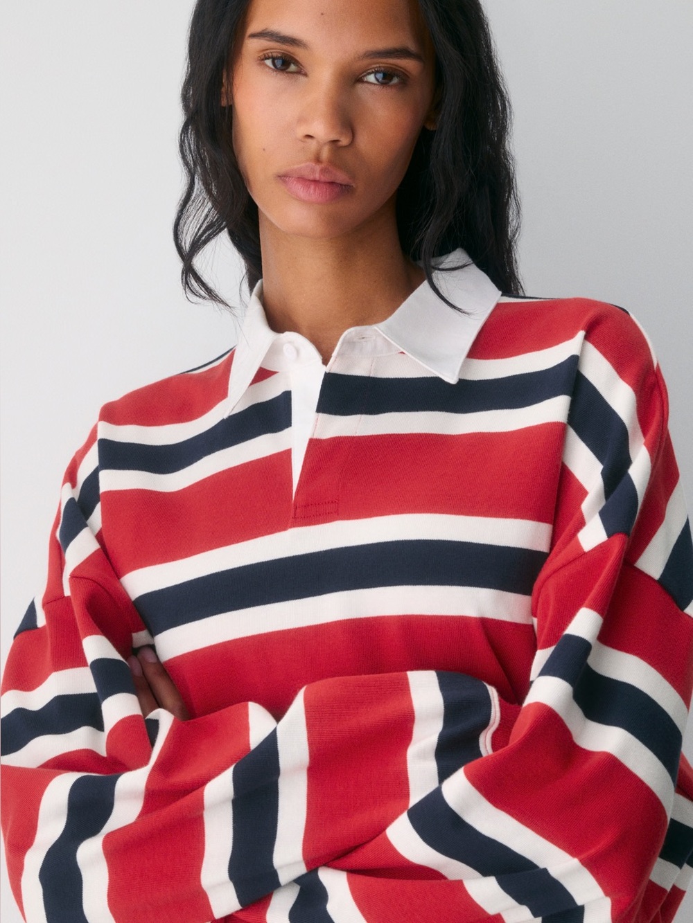 Aritzia TNA Striped Rugby Polo in Red, Navy & White